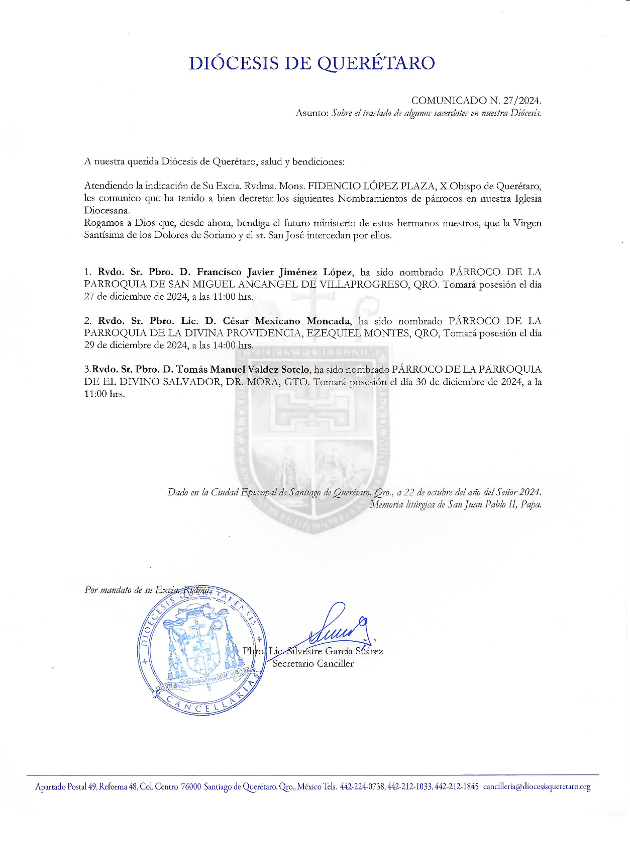 COMUNICADO N. 27/2024. Asunto: Sobre el traslado de algunos sacerdotes en nuestra Diócesis.